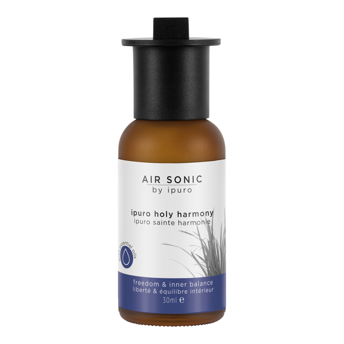 Ein 30ml Braunglasflakon von AIR SONIC ipuro holy harmony Duftöl von ipuro, mit schwarzem Verschluss und weißem Etikett mit schwarzem und blauem Text plus Grasgrafik; enthält Vetiver aus Haiti zur Harmonisierung der inneren Balance.