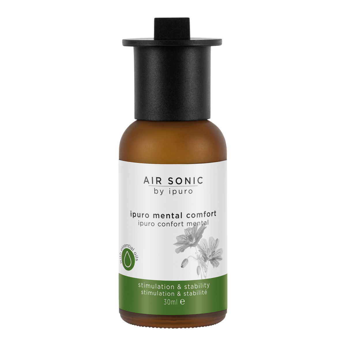 Das 30 ml AIR SONIC ipuro mental comfort Duftöl von ipuro kommt in einer braunen Flasche mit schwarzem Verschluss, Pflanzengrafik und grünem Etikett mit der Aufschrift "stimulation & stability" sowie dem Text "ipuro mental comfort".