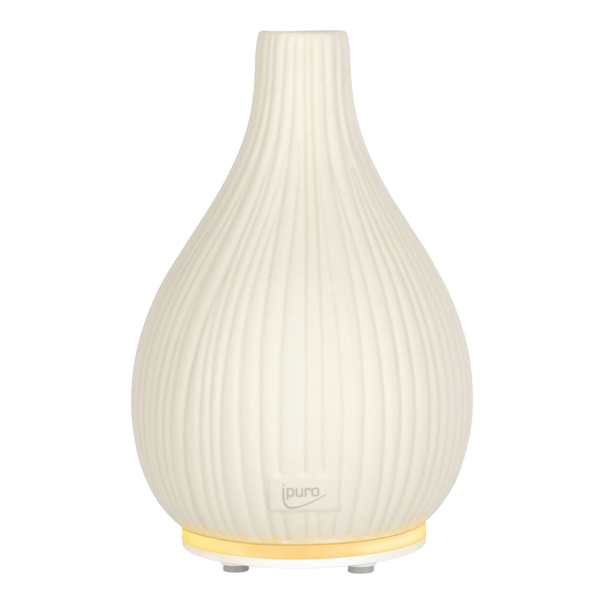 Die AIR SONIC ipuro Aroma-Vase Elektrischer Aroma-Diffusor von ipuro zeichnet sich durch ein cremefarbenes, geripptes Keramikdesign in Tropfenform, einen zartgelben Lichtring und ein dezentes Logo aus - ideal für Duftöle und zur Schaffung einer beruhigenden Atmosphäre.