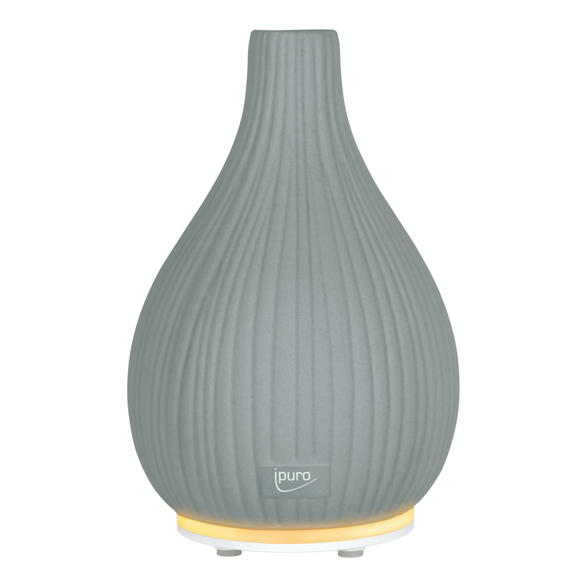 Die AIR SONIC ipuro Aroma-Vase Elektrischer Aroma-Diffusor von ipuro zeichnet sich durch eine graue gerippte Keramik-Tropfenform, ein kleines ipuro-Logo auf der Vorderseite und ein sanftes gelbes Grundlicht auf weißem Hintergrund aus.