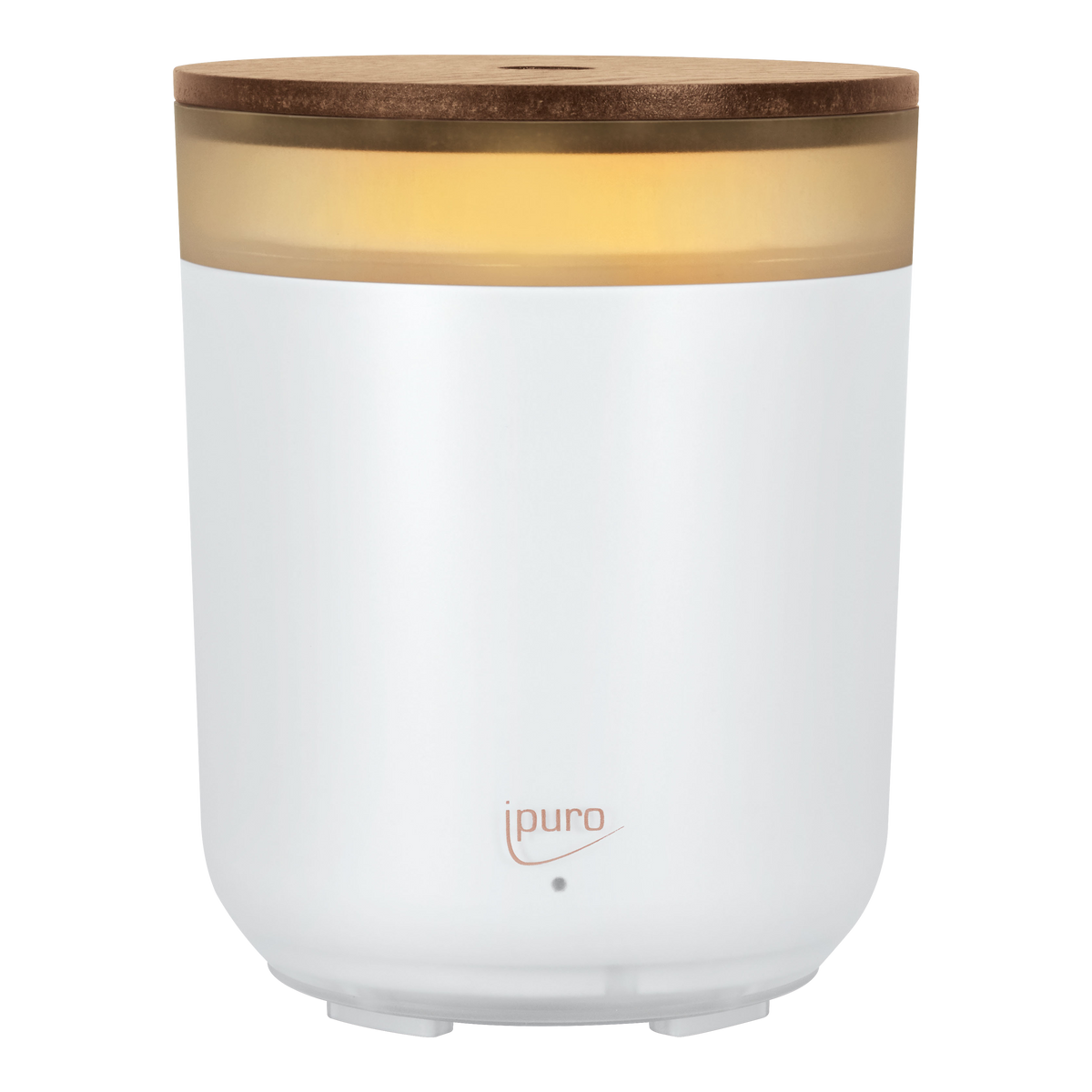 Der AIR SONIC ipuro Elektrischer Aroma-Diffusor von ipuro ist ein weißer, zylindrischer Diffusor mit einem Deckel in Holzoptik und orange-braunem Ring, der das ipuro-Logo trägt. Ideal für Duftöle zur Schaffung eines entspannenden Ambientes.