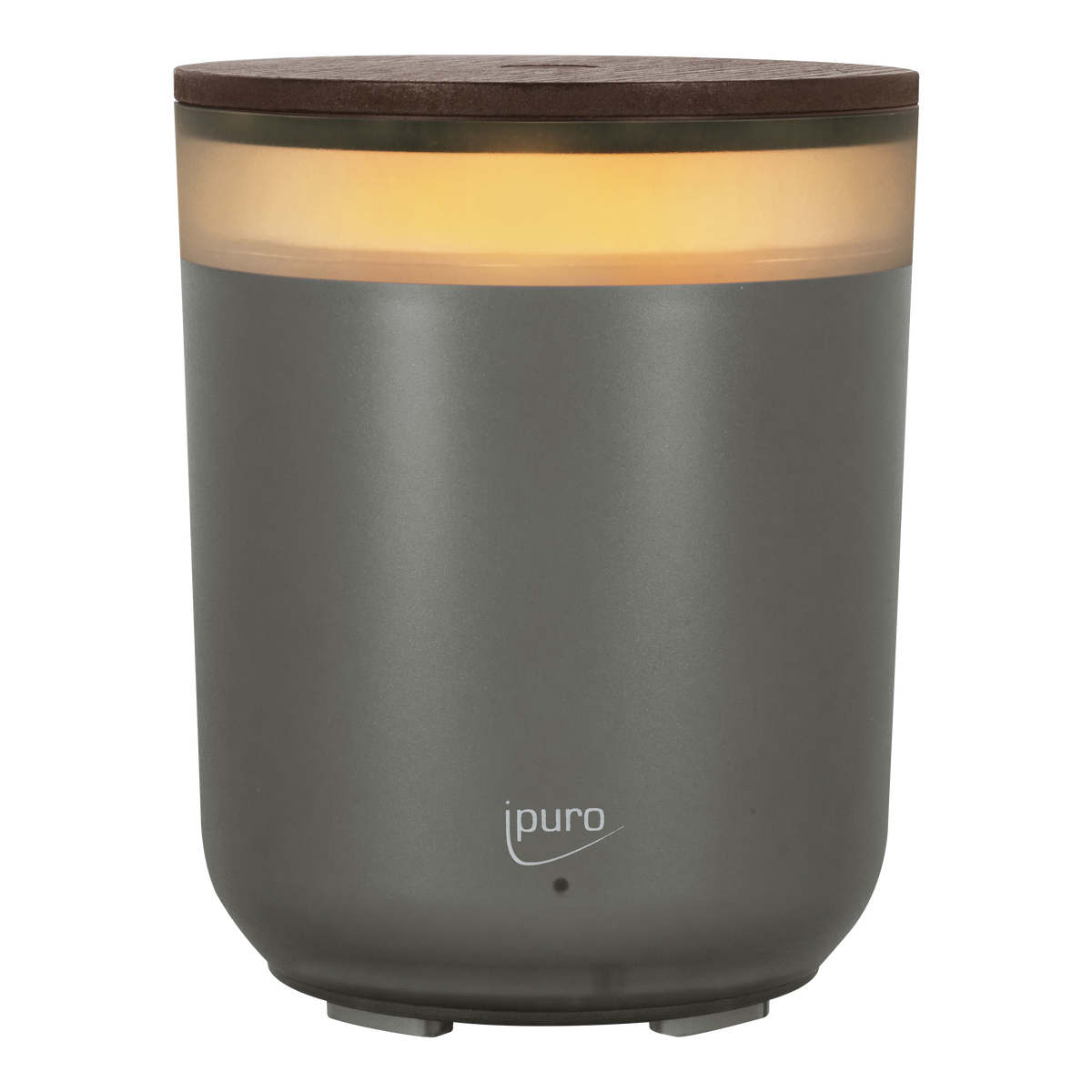 Der AIR SONIC ipuro Elektrischer Aroma-Diffusor von ipuro hat ein graues, zylindrisches Design mit dunkelbraunem Deckel, hellem Oberband und ipuro-Logo auf der Vorderseite - ideal für Duftöle, die jedem Raum einen modernen, minimalistischen Touch verleihen.
