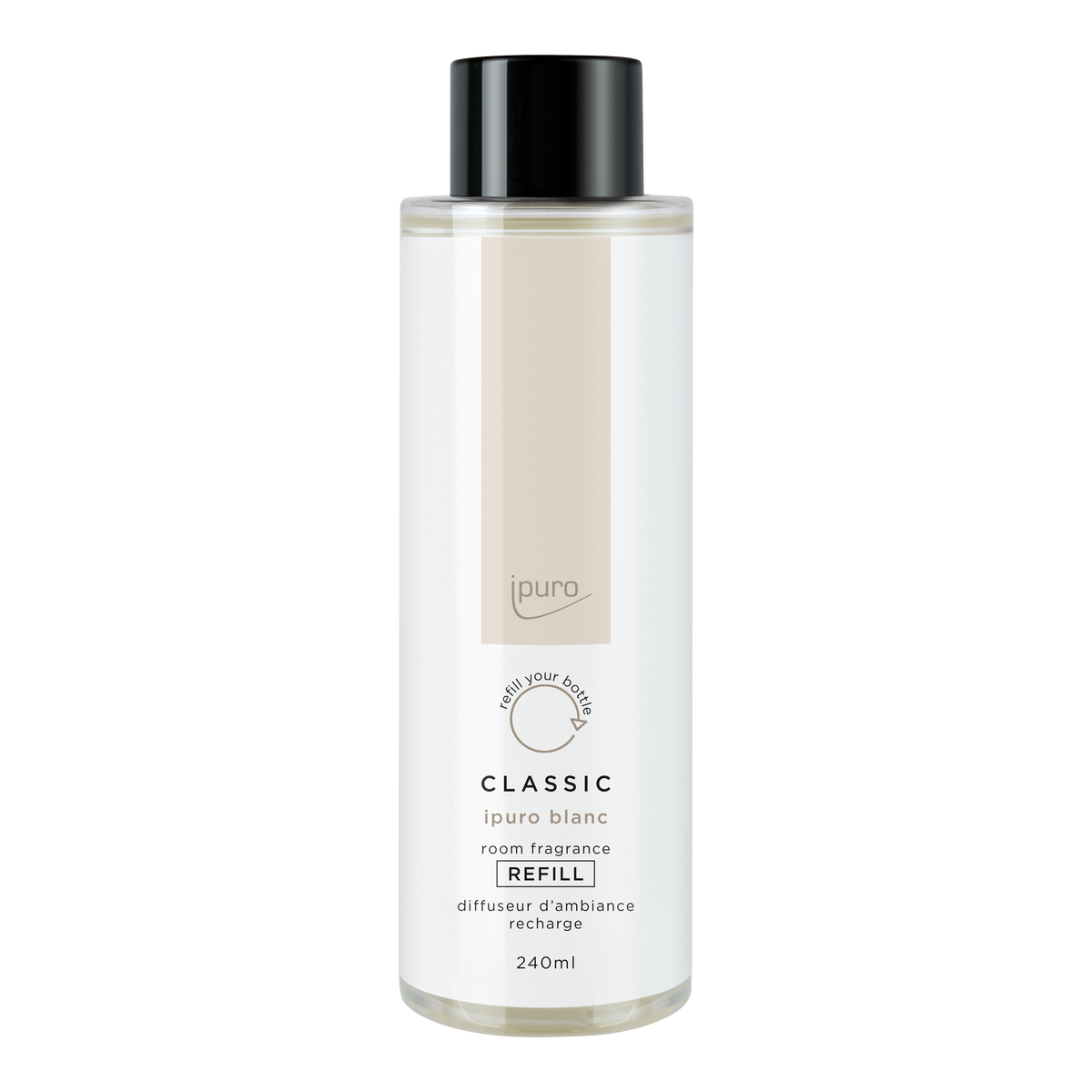 Der ipuro CLASSIC blanc Raumduft-Nachfüller ist eine 240ml-Klarsichtflasche mit schwarzem Verschluss und weißem Etikett mit englischer und französischer Aufschrift. Er mischt frische Minze mit eleganten Sandelholznoten.