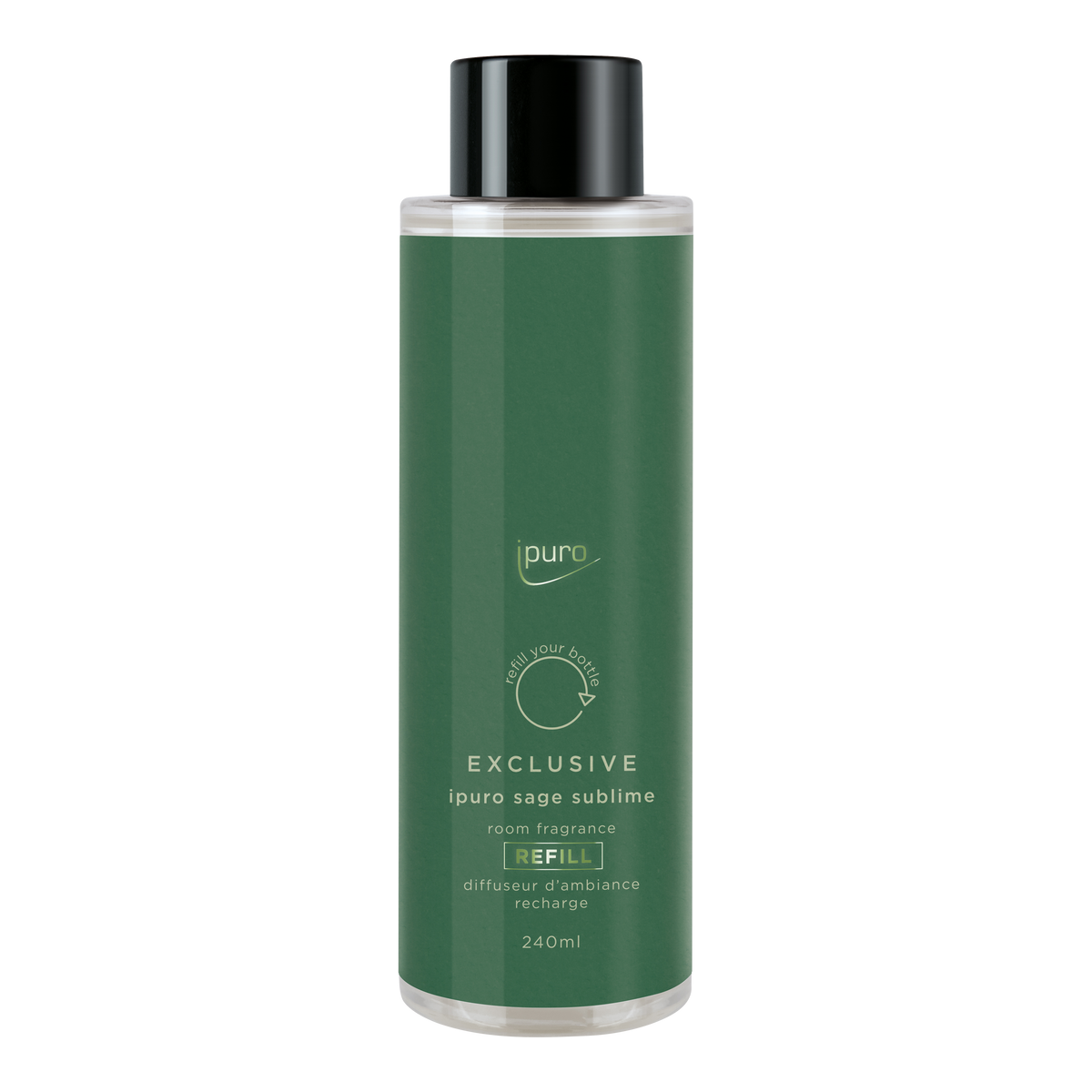 Die grüne 240-ml-Flasche EXCLUSIVE ipuro salbei sublim Raumduft-Nachfüller von ipuro hat Noten von Salbei und Sandelholz, einen schwarzen Schraubverschluss und eine weiße Aufschrift.