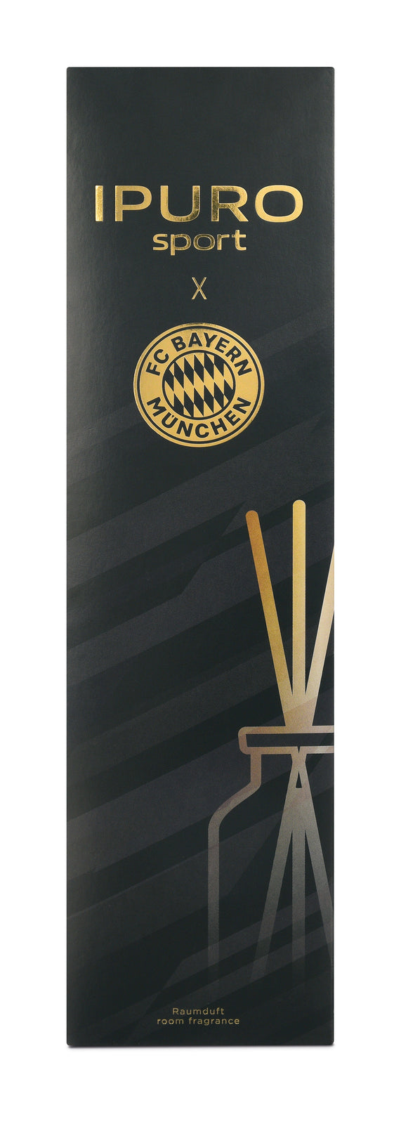 Große schwarze Schachtel mit goldenem Text "ipuro sport X FC Bayern München" über einem goldenen Logo; unten rechts ist ein Diffusor mit Schilfrohr zu sehen. Entdecken Sie den exklusiven Raumduft FC Bayern München 500ml von ipuro als hochwertigen Herrenduft-Raumduft.