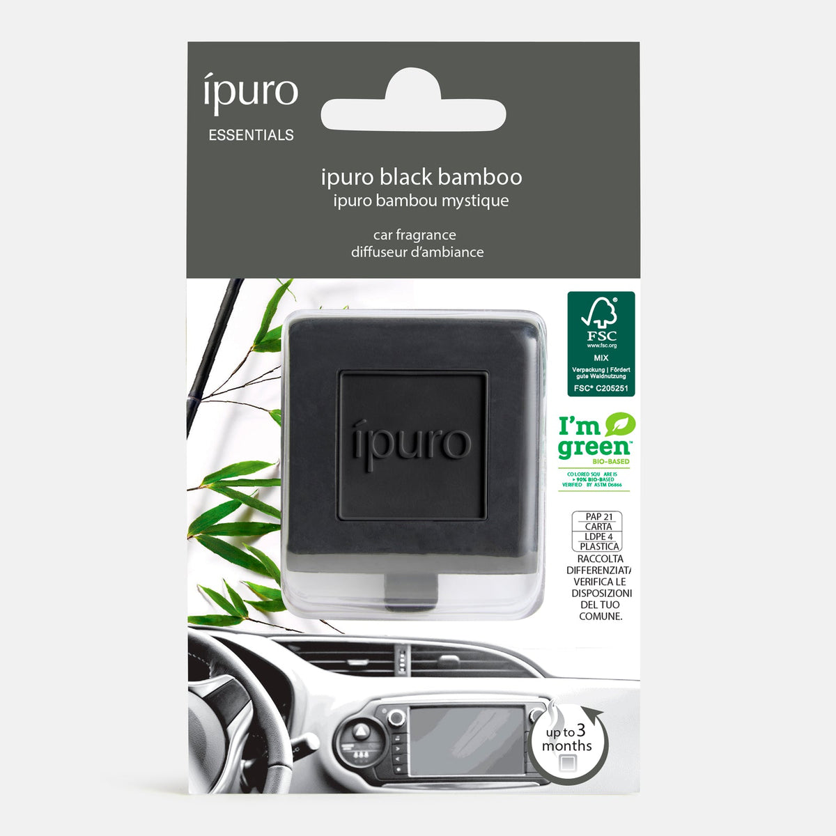 Der ipuro Autoduft black bamboo car scent diffuser wird in einer Verpackung mit grüner Bambusgrafik, umweltfreundlichen Etiketten und einem Bild des Armaturenbretts gezeigt. Er bietet einen grünen Duft mit holziger Nuance und hält bis zu 3 Monate.