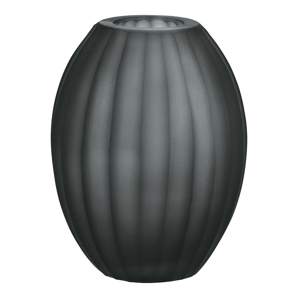 Der Atelier by ipuro gris Diffusor von ipuro hat ein schwarzes, ovales Design mit einer gerippten Struktur und einer schmalen Oberseite. Er eignet sich perfekt als Design-Vase oder stilvoller Duft-Diffusor für moderne Innenräume. Ausgestellt auf einem weißen Hintergrund.