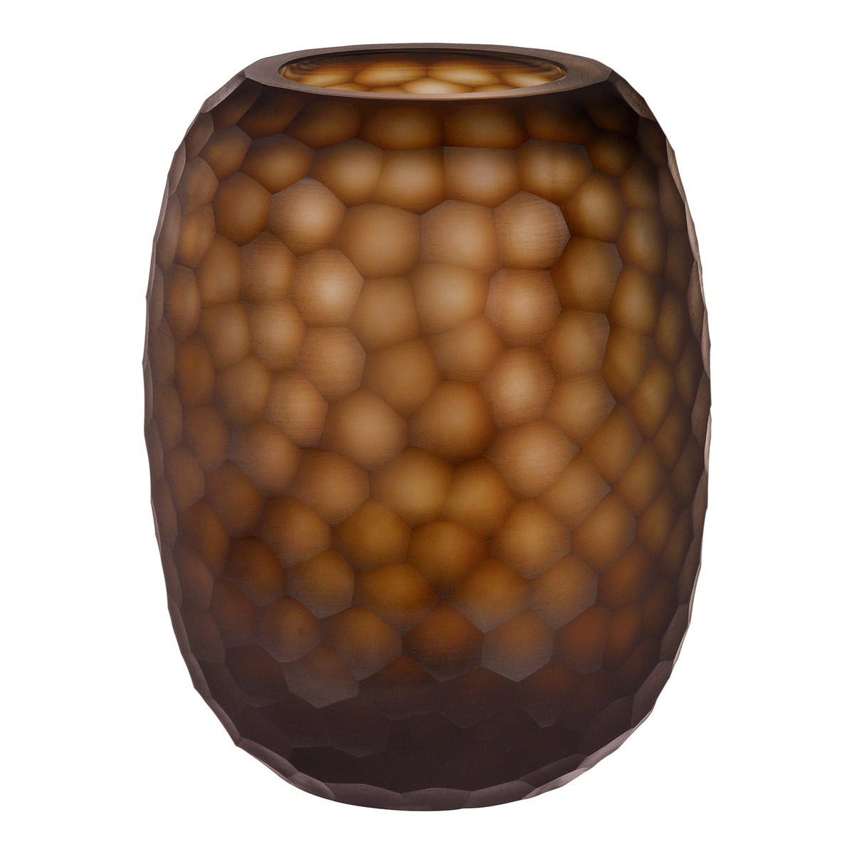 Die Vase Atelier by ipuro brun von ipuro hat eine wabenförmige Oberfläche in Braun und Bernstein, eine ovale Form, eine glatte Oberfläche und ein exklusives Design für einen warmen, leuchtenden Look.