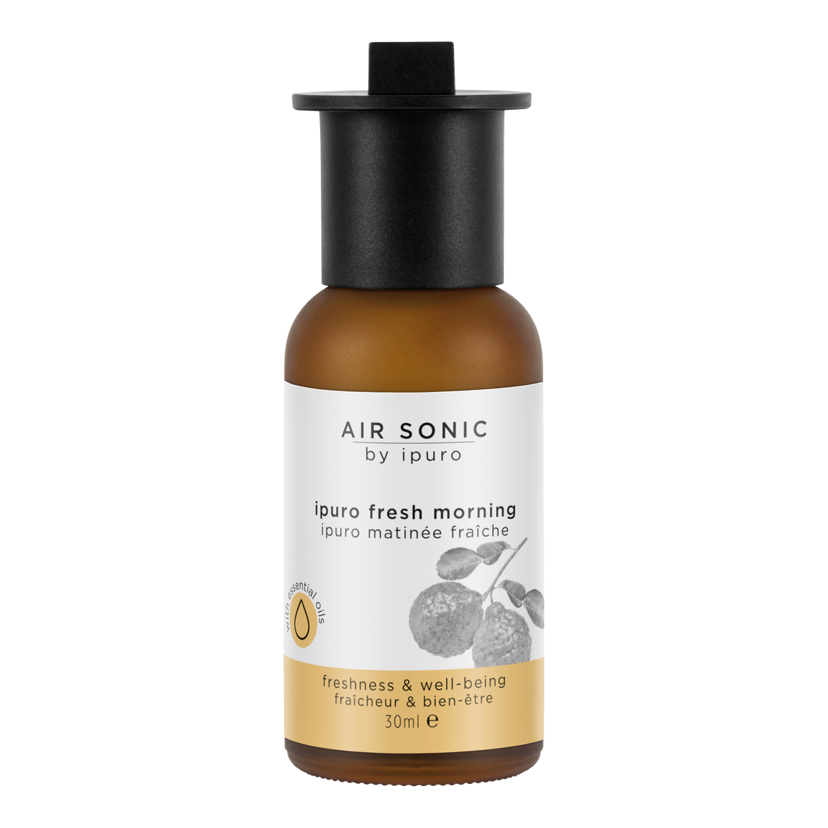 Eine braune Flasche mit schwarzer Kappe mit der Aufschrift "AIR SONIC ipuro fresh morning Duftöl" von ipuro. Das Etikett zeigt Grünzeug, sagt "Frische & Wohlbefinden" und hebt 30ml Duftöl mit Bergamotte-Noten hervor.