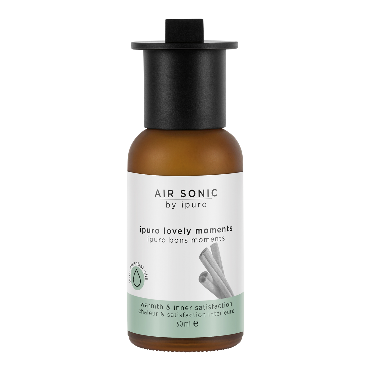 Eine 30ml Braunglasflasche AIR SONIC ipuro lovely moments Duftöl von ipuro, mit schwarzer Kappe und Diffusorstäbchen auf dem Etikett; für die Verwendung in Luftzerstäubern konzipiert.
