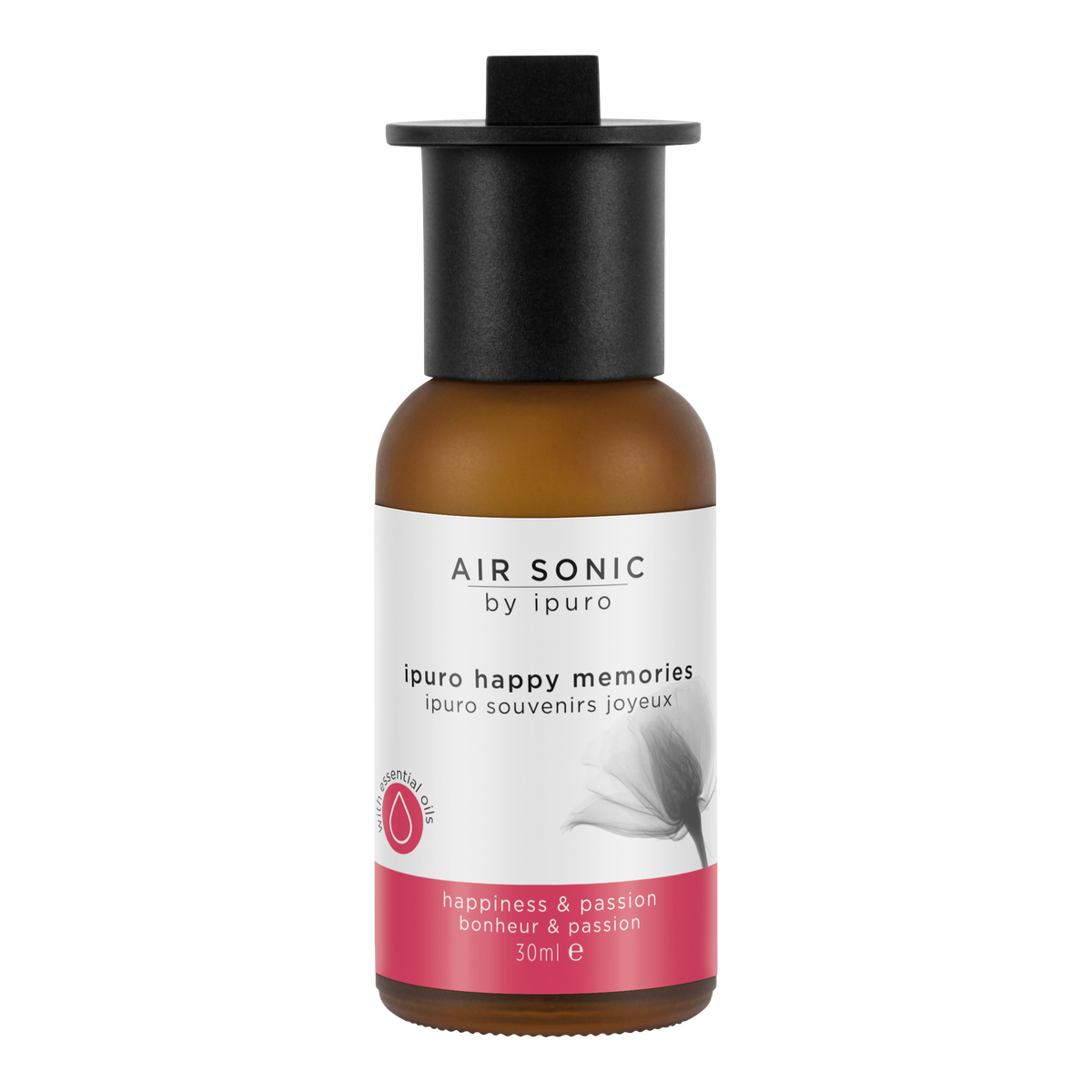 Eine kleine braune Flasche mit der Aufschrift AIR SONIC ipuro happy memories Duftöl von ipuro, mit natürlicher Dufttechnologie. Das weiß-rosa Etikett zeigt eine Blume mit dem Text "happiness & passion". Die Flasche hat eine schwarze Kappe.