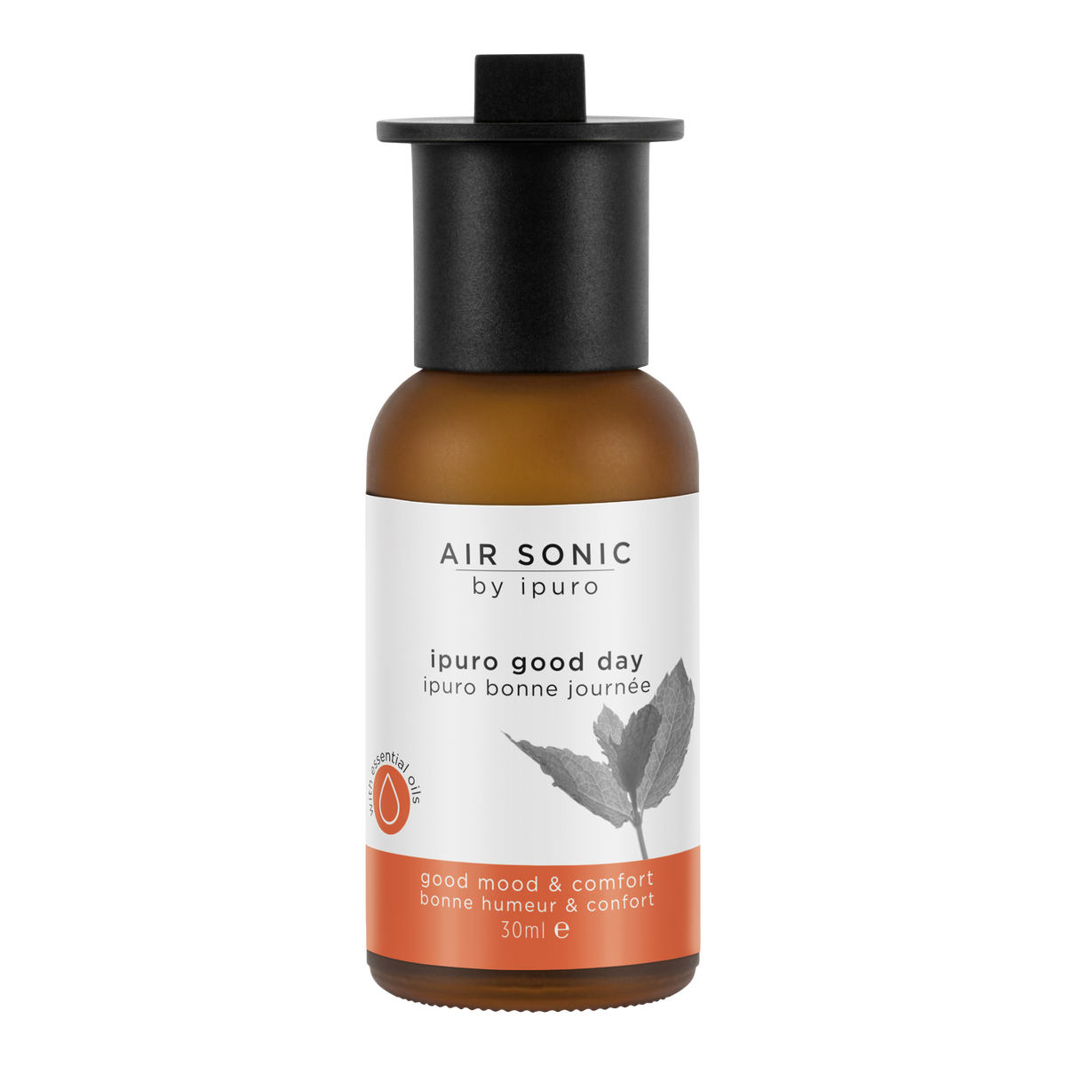 Eine kleine braune Glasflasche mit der Aufschrift AIR SONIC ipuro good day Duftöl von ipuro, mit einem Minzblattmotiv und Hinweisen auf gute Laune und Komfort. Die Flasche hat eine schwarze Kappe und unterstreicht die "Raumduft gute Laune"-Wirkung.