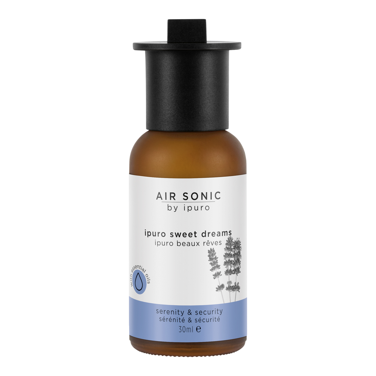 Eine kleine braune Flasche AIR SONIC ipuro sweet dreams Duftöl von ipuro, 30ml, hat einen schwarzen Verschluss und ein Etikett mit Lavendelbildern und dem Text: serenity & security, natürliche Dufttechnologie, Lavendel Duftöl.