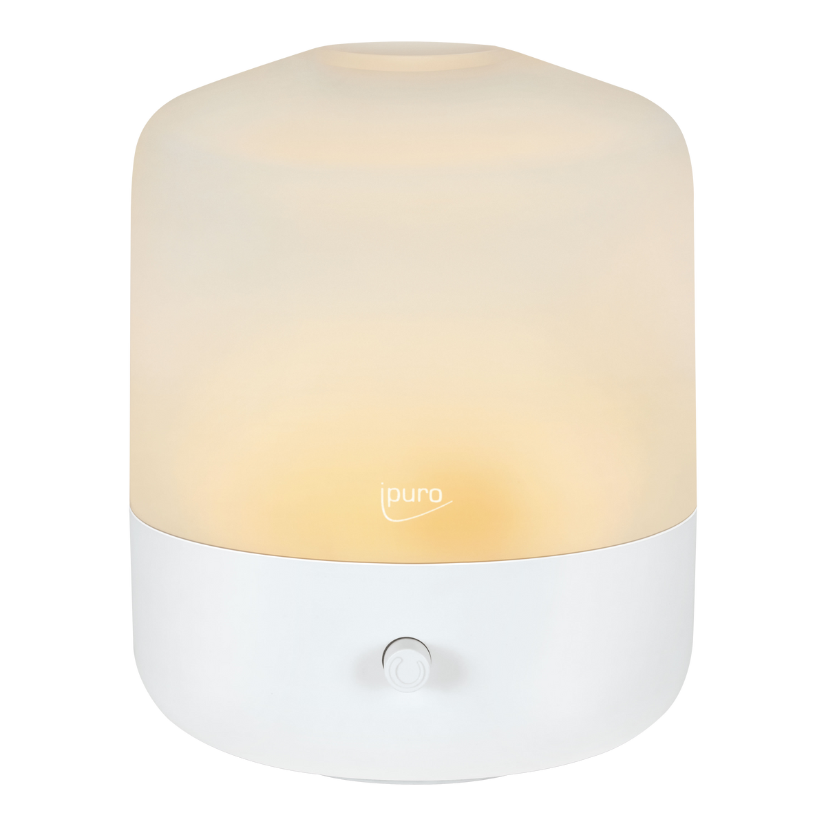 Der AIR SONIC ipuro aroma mood Elektrischer Aroma-Diffusor von ipuro verfügt über weißes Milchglas, ein sanftes gelbes Leuchten, eine Power-Taste und ein Logo - ideal für Ihre Lieblingsduftöle.