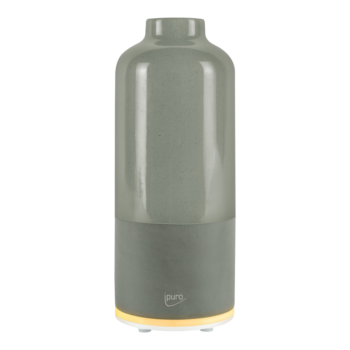 Der AIR SONIC ipuro aroma bottle Elektrischer Aroma-Diffusor ist ein moderner grauer, zylindrischer Diffusor mit mattem Finish, dem ipuro-Logo auf der Vorderseite, einem gelben Leuchtring am Boden und verwendet Ultraschalltechnologie für Duftöle.