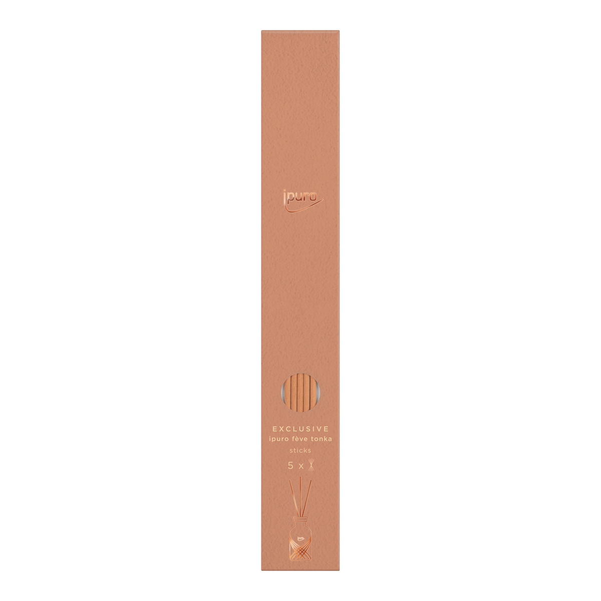 Eine hohe, rechteckige, pfirsichfarbene Schachtel mit der Aufschrift EXCLUSIVE ipuro fève tonka Sticks für 240ml von ipuro, mit minimalistischem goldenem Text und einer kleinen Diffusor-Illustration am Boden.