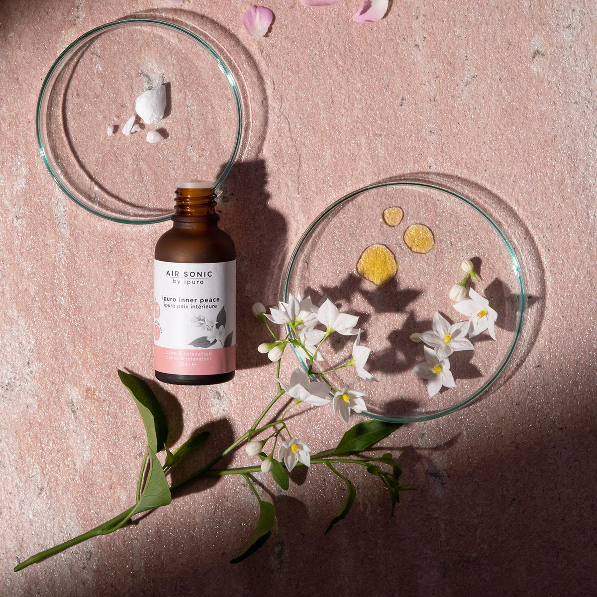 Eine braune Glastropfflasche mit der Aufschrift AIR SONIC ipuro inner peace Duftöl by ipuro steht auf einer rosa Fläche mit weißen Blüten und grünen Blättern. Zwei Glasschalen daneben enthalten Pulver, Öltropfen und Blütenblätter.