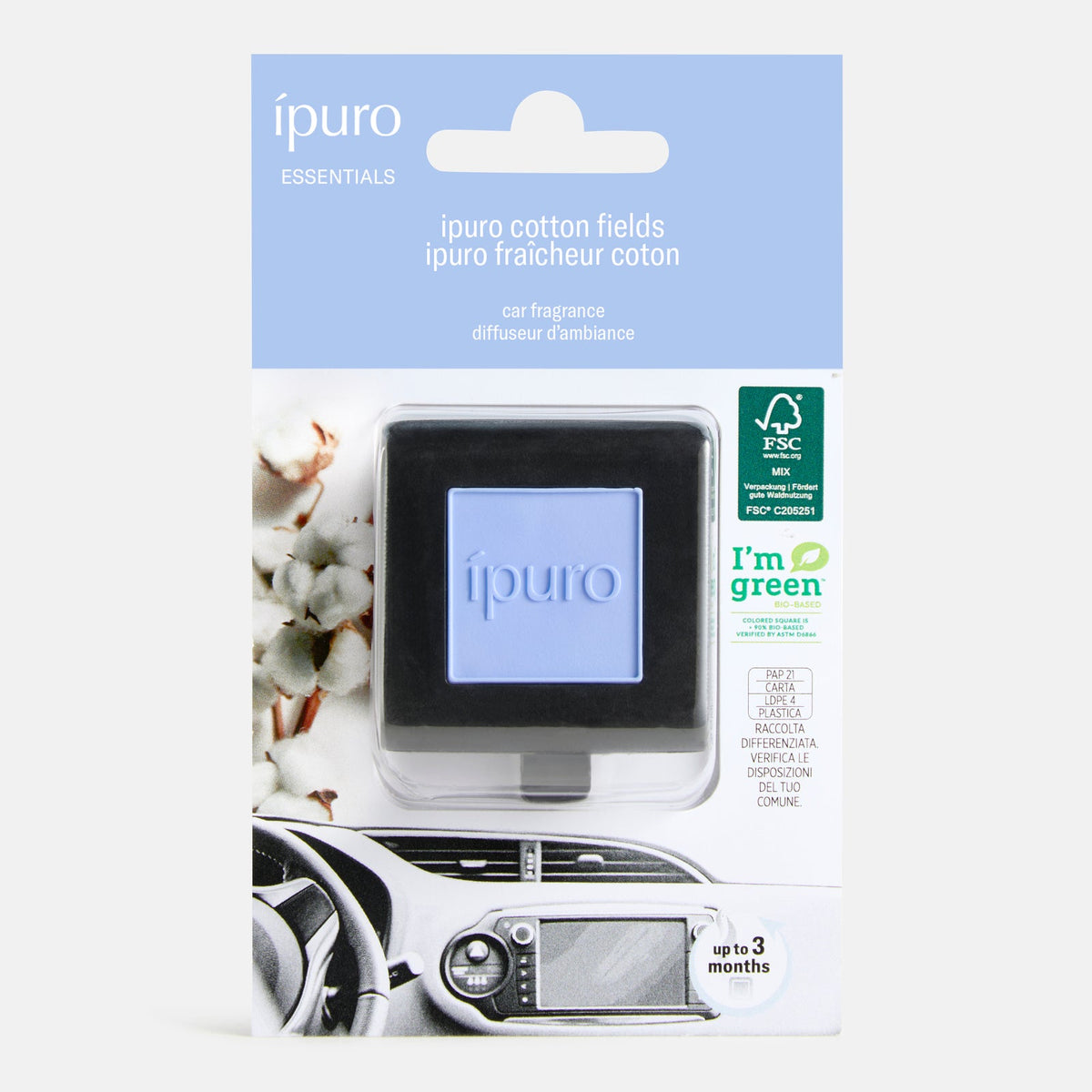 Der ipuro Autoduft Baumwollfelder Autoduft Diffusor verfügt über eine quadratische blaue Erfrischung, Baumwollblume und Auto Armaturenbrett Verpackung, bietet einen pudrigen Duft mit einem Hauch von Vanille, hält bis zu 3 Monate, und verbessert Ihr Raumklima.
