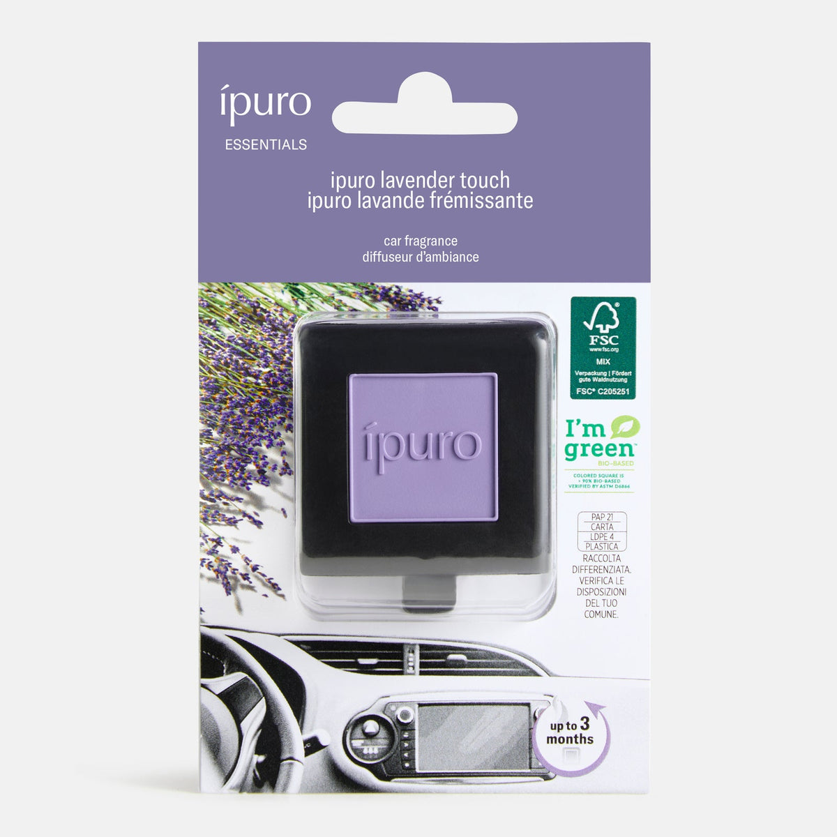 Der Autoduft ipuro lavender touch von ipuro ist ein violetter, quadratischer Autoduftzerstäuber mit Lavendelduft. Umweltfreundlich verpackt, bietet er bis zu 3 Monate Duftfrische und zeigt Lavendelblüten im Hintergrund.